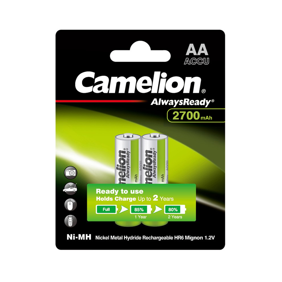 44504_1.jpg Аккумулятор CAMELION AlwaysReady Ni-MH Rechargeable NH-AA2700ARBP2 2 шт. в блистере