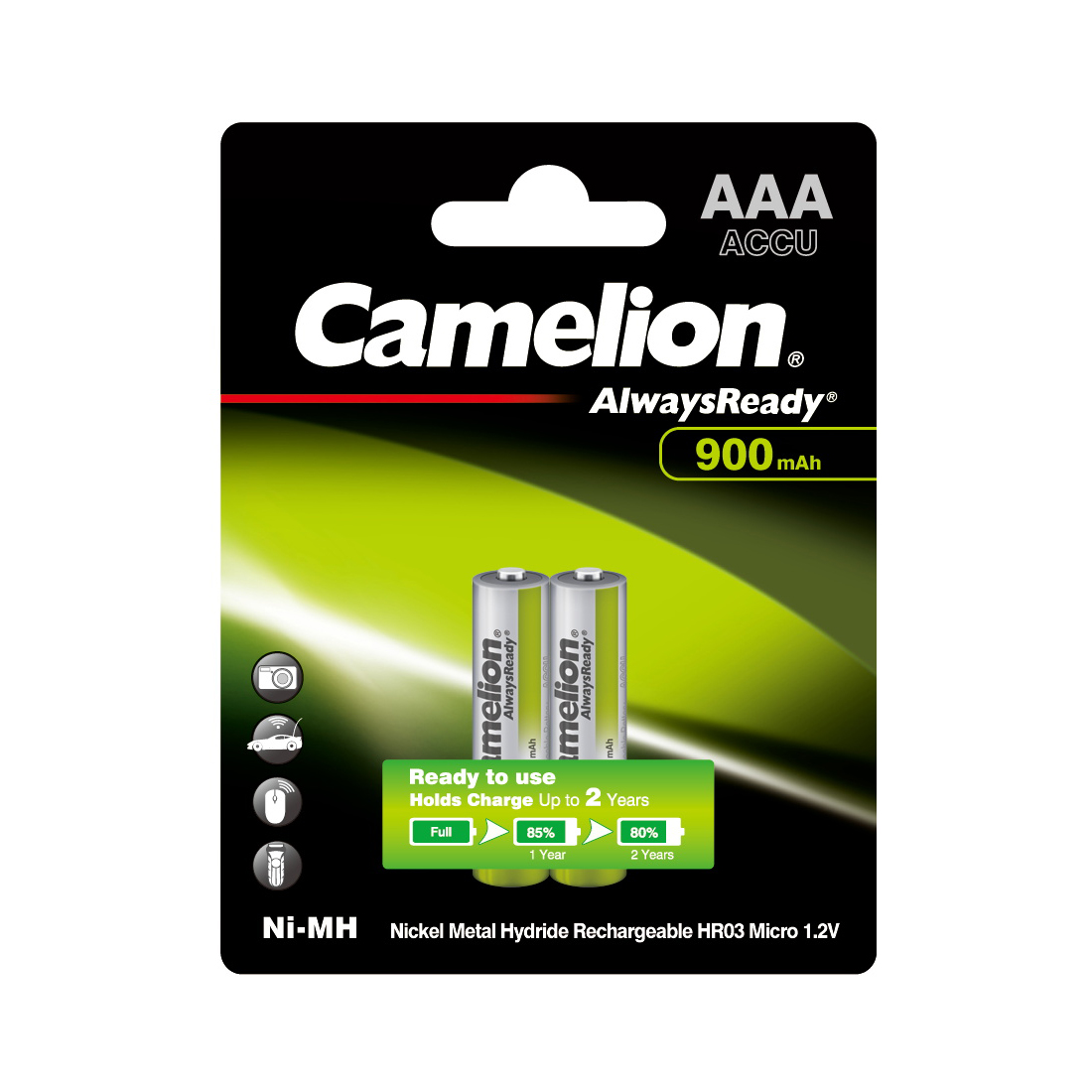 8624_1.jpg Аккумулятор CAMELION AlwaysReady Rechargeable Ni-MH NH-AAA900ARBP2 2 шт. в блистере